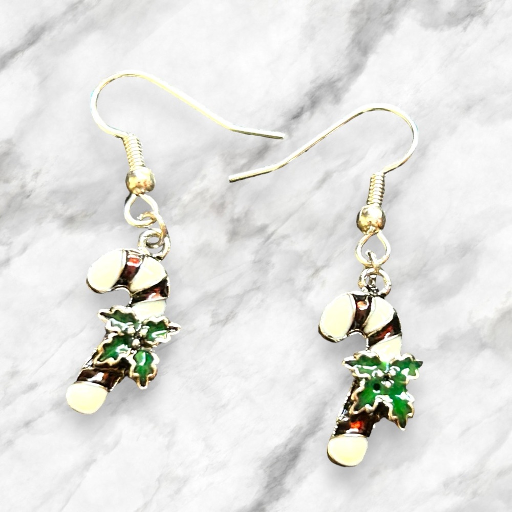 Handmade Candy Cane Earrings Dangle Christmas Red, White & Green Holly Pierced - Picture 1 of 4